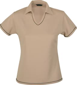 A ladies' polo shirt in tan with contrasting dark trim and a V-neck design. It features a logo on the chest.