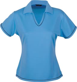 A light blue ladies' polo shirt with a v-neck and contrasting trim. It features a logo on the chest.