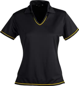 A black polo shirt for ladies with yellow trim and a classic collar. It features a logo on the chest.