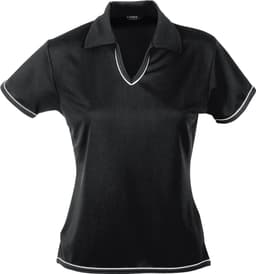 A black ladies' polo shirt with a V-neck and contrasting trim, featuring a logo.