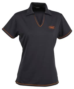 A black polo shirt for ladies with orange trim and a logo on the chest.