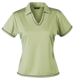 A light green ladies' polo shirt with a v-neck and contrasting trim, featuring a logo on the chest.