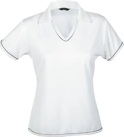 A white ladies' polo shirt with a V-neck and contrasting trim, featuring a logo on the chest.