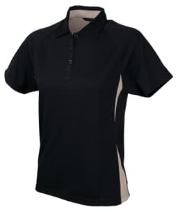 Black and beige ladies' polo shirt with a collar and buttons, featuring an embedded logo.