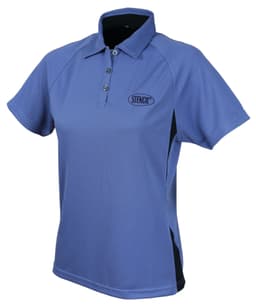 A ladies' polo shirt in purple with black accents and a logo on the chest.