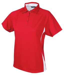 A red polo shirt for ladies with white side panels and a collar, featuring a logo on the chest.