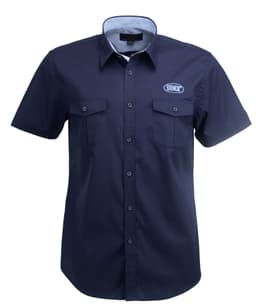A navy short-sleeve men's shirt with two chest pockets and a logo on the front.