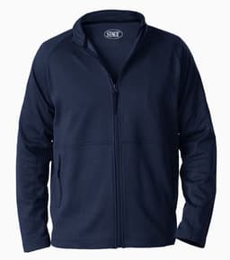 A navy unisex jacket with a zip front, side pockets, and a collar. It features a logo on the upper section.