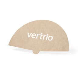 A beige handheld fan with a circular design and a logo printed on one side.