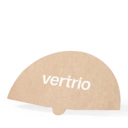 A brown handheld fan with a curved design and a logo printed in white.