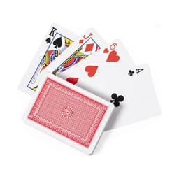 A set of playing cards featuring a King of Spades, Jack of Hearts, Ace of Hearts, and a red-backed deck.