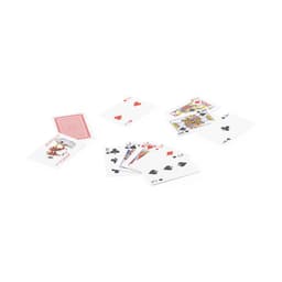 A set of playing cards including hearts, spades, and a joker card, featuring red and black designs.