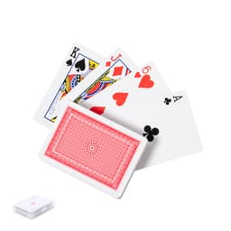 A set of playing cards featuring a variety of suits and ranks, with a red-backed card deck visible.