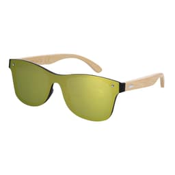 Sunglasses with a black frame and yellow-tinted lenses, featuring bamboo-inspired arms and a logo.