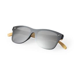 Sunglasses with grey lenses and bamboo arms, featuring a sleek, modern design and a branding logo.