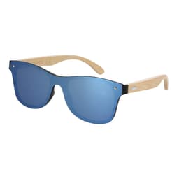 Sunglasses with blue mirrored lenses and light wooden arms, featuring a branding logo on the frame.