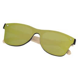 A pair of oversized sunglasses with green lenses and a wooden frame, featuring a sleek black outline.