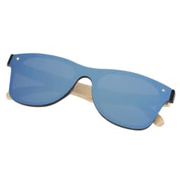 Blue sunglasses with a wooden frame, featuring a sleek design and a logo on the side.
