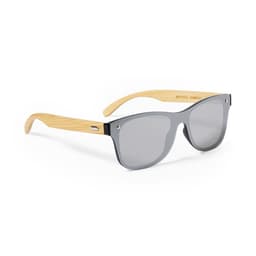Sunglasses with grey lenses and bamboo arms, featuring a logo on the frame.