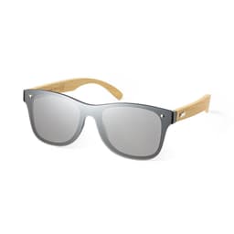 Sunglasses with grey lenses and wooden-style arms, featuring a logo on the side. Ideal for leisure and outdoor use.