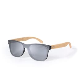Sunglasses featuring grey lenses and bamboo-style arms, with a logo on the side.