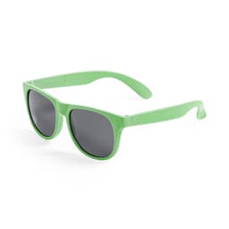 Green sunglasses with dark lenses and a logo on the side. Made from a sustainable material.