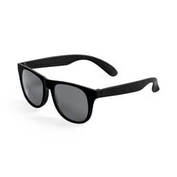 A pair of black sunglasses with grey lenses. The frames are matte and have a brand logo on the side.