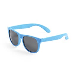 Light blue sunglasses with dark lenses, featuring a logo. Suitable for leisure and outdoor activities.