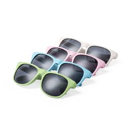 A set of five sunglasses in grey, green, blue, pink, and a light pastel shade, featuring dark lenses and a logo.