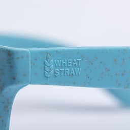 A pair of turquoise sunglasses with a textured finish and a branding detail indicating "Wheat Straw."