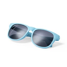 A pair of blue sunglasses with dark lenses, featuring a textured finish and a logo on the frame.
