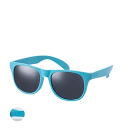 A pair of turquoise sunglasses with dark lenses, featuring a logo on the side.