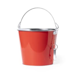 A bright red metal bucket with a silver handle and a bottle opener attached by a chain.