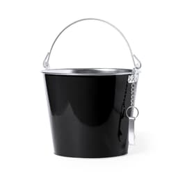 A drink bottle opener keyring attached to a shiny black bucket with a silver handle and a chain.