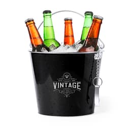 A drink bottle bucket filled with ice and assorted green and orange bottles, featuring a black bucket with a logo.