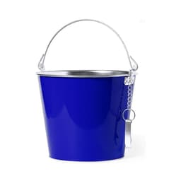 A drink bottle opener attached to a shiny blue bucket with a silver handle and chain.