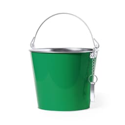 A green metal bucket with a silver handle and a bottle opener attached by a chain.