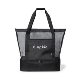 A black cooler bag with mesh sides, featuring sturdy handles and a zippered bottom section. Includes branding.