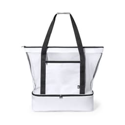A white cooler bag with black straps and a mesh front pocket, featuring a zippered compartment at the bottom.