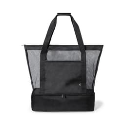 A black cooler bag with a mesh design, featuring sturdy handles and a zippered bottom compartment.