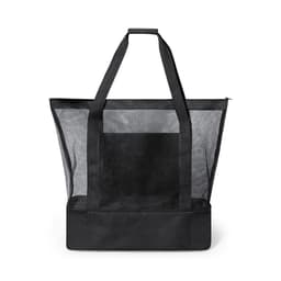 A black cooler bag with a mesh top and solid base. It features sturdy handles and a simplistic design.