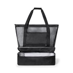 A black cooler bag with a mesh upper section and insulated lower compartment. Features sturdy handles and a simple design.