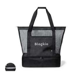 A black cooler bag with mesh side panels and a branded logo, featuring sturdy handles and a zipped compartment.