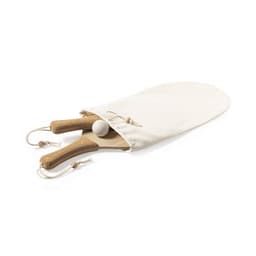 Two beach rackets with cork handles and a small ball, stored in a white pouch. The set features a simple design.