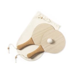 Two wooden beach rackets with cork handles and a white ball, packaged with a fabric pouch.