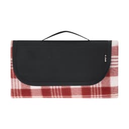 A red and white checkered picnic rug with a black carrying handle and a logo.