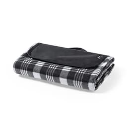A folded black and white checked blanket with a smooth black backing and a carry strap. It has a branding logo.