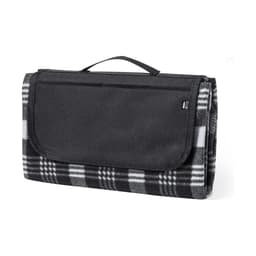 A picnic rug in black and grey plaid, featuring a foldable design with a handle and a logo.