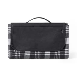 A folded blanket in black and grey plaid, featuring a carrying handle and a logo.