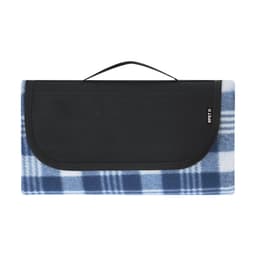 A blue and white checkered blanket, folded with a black cover and handle, featuring a logo. Perfect for picnics.